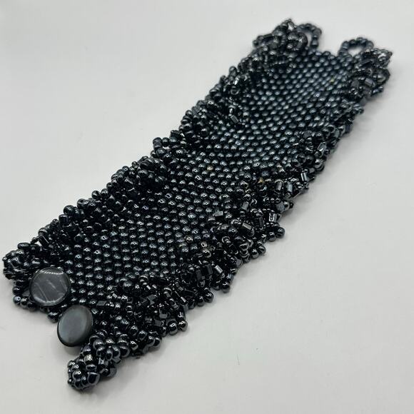 Black Beaded 2 Button Wrap Bracelet Unbranded Boho Bohemian Maximalism Chunky - Picture 1 of 7